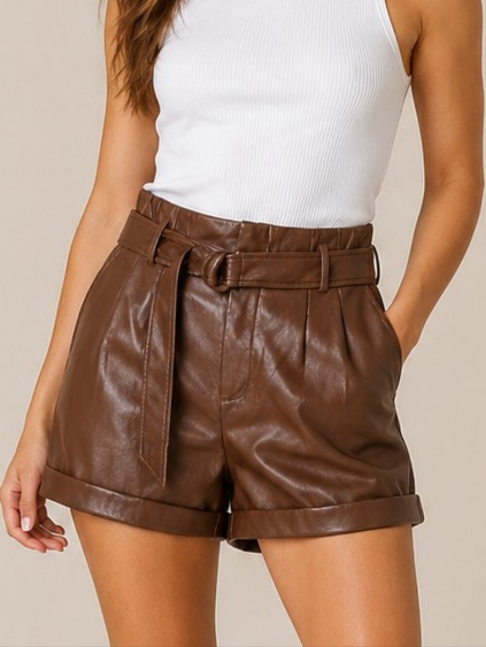 Lulus Brown Vegan Faux Leather Paperbag Waist Shorts High Rise Small Boho Chic